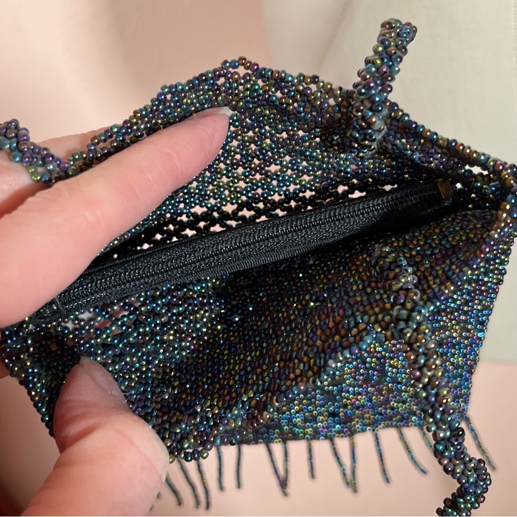 Art Deco Vintage Vanessa Glass Beaded Black Aurora Borealis Fringed Evening Bag — image 5 of 8